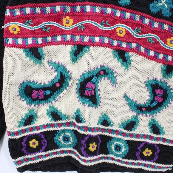 Vintage AKF Knit Sweater Womens Black Pullover Floral Embroidered Heavyweight M - Picture 4 of 9